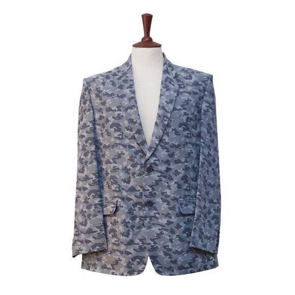 Mens Blazer Blue Gray Camouflage Camo Cotton Dress Formal Jacket
